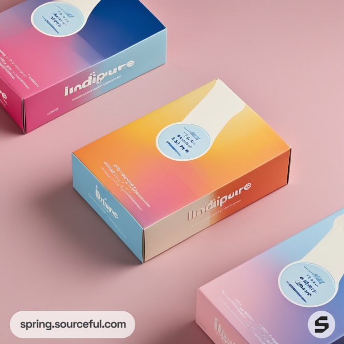Colorful gradient boxes with Indipure logo on a pink surface.