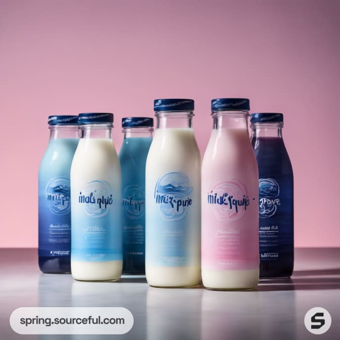 Assorted bottles with blue caps, Indipure logo on pink background.