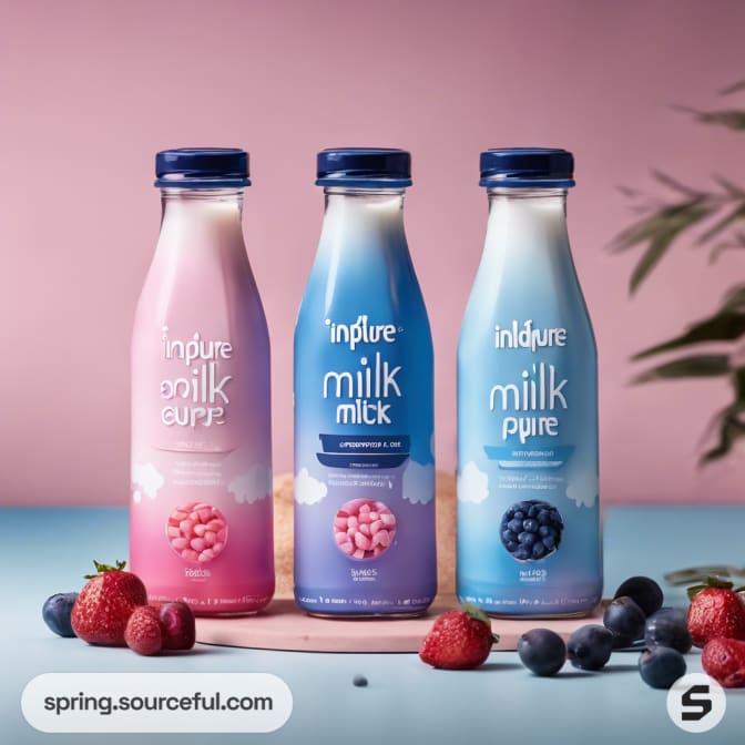 Three pink and blue bottles with Indipure logo, berries in foreground.