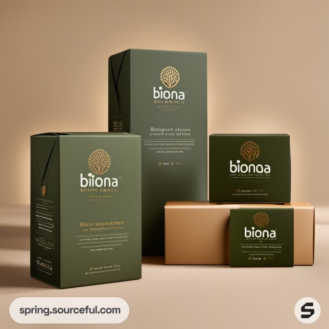 Green and beige boxes with organic branding