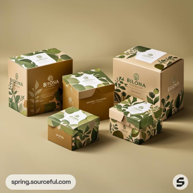 Brown and green boxes with botanical designs