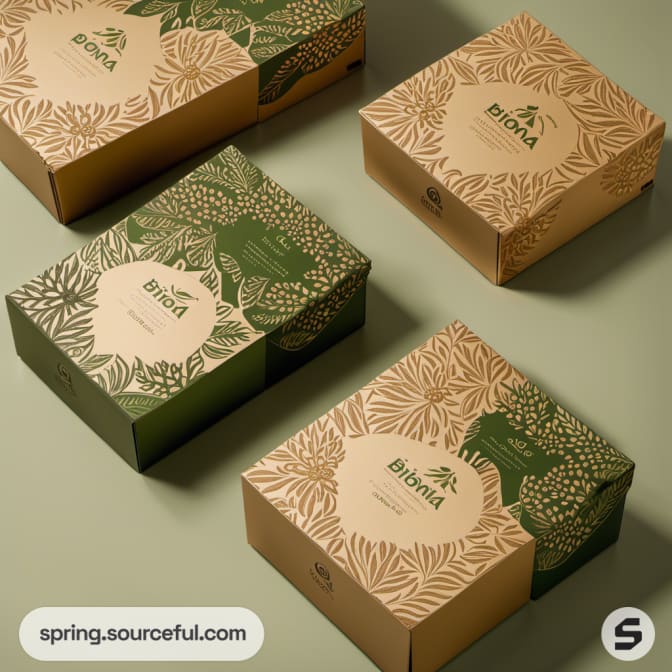 Boxes with leaf patterns in green and beige hues