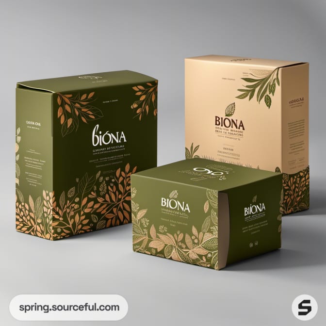 Boxes with subtle foliage patterns on green and beige