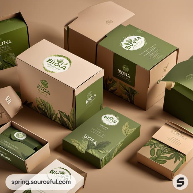 Boxes with organic leaf designs on green and beige