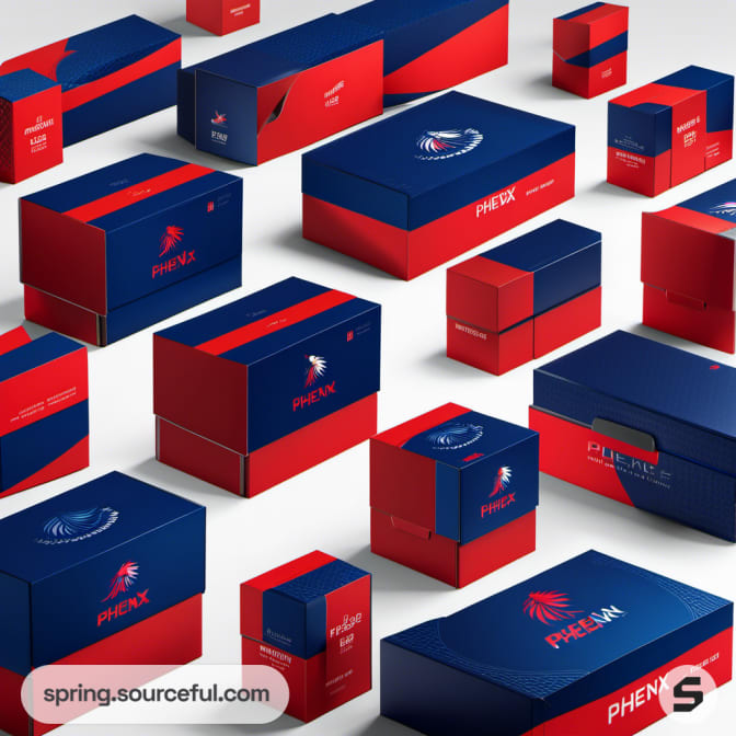 Various red and blue packaging boxes with wing design.