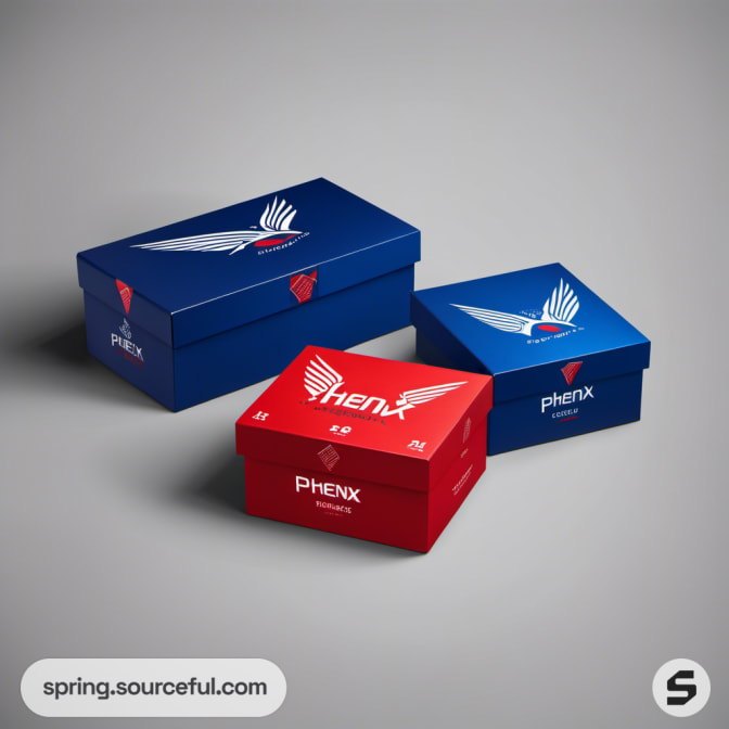 Three blue and red boxes with wing illustrations.