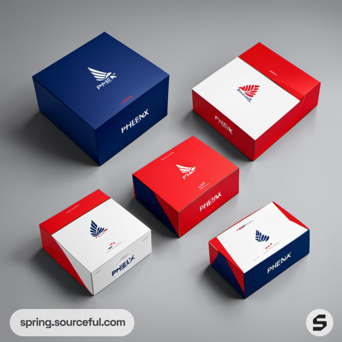 Five square boxes in red, white, and blue with wing emblem.