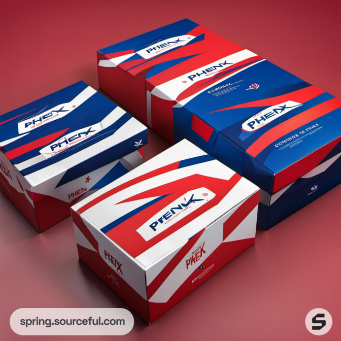 Striped packaging boxes in red, blue, and white with branding.