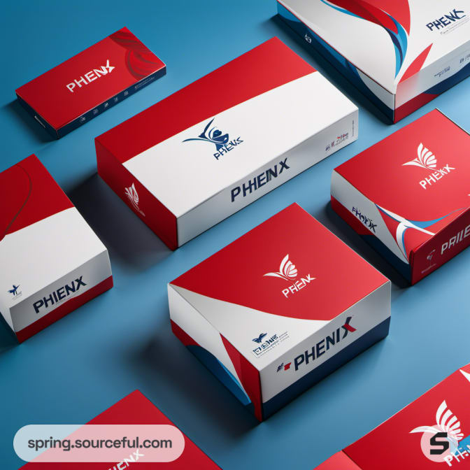 Red and white packaging with blue accents and wing motif.