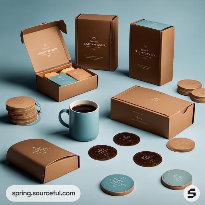 Brown and blue coffee-themed gift boxes with coasters and a mug on a blue background.