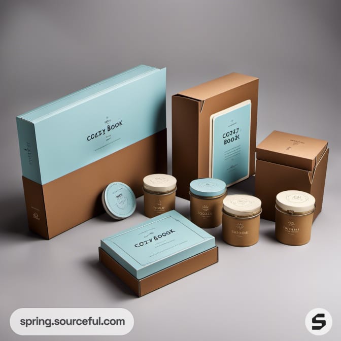Coffee and book-themed packaging in brown and blue tones with jars and a large box.