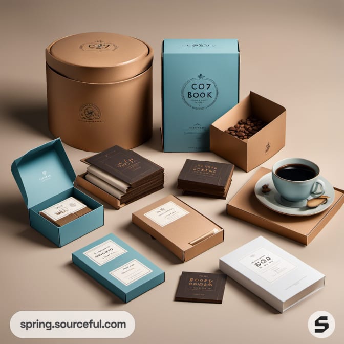 Assorted chocolate and coffee gift boxes with a cup on a beige background.