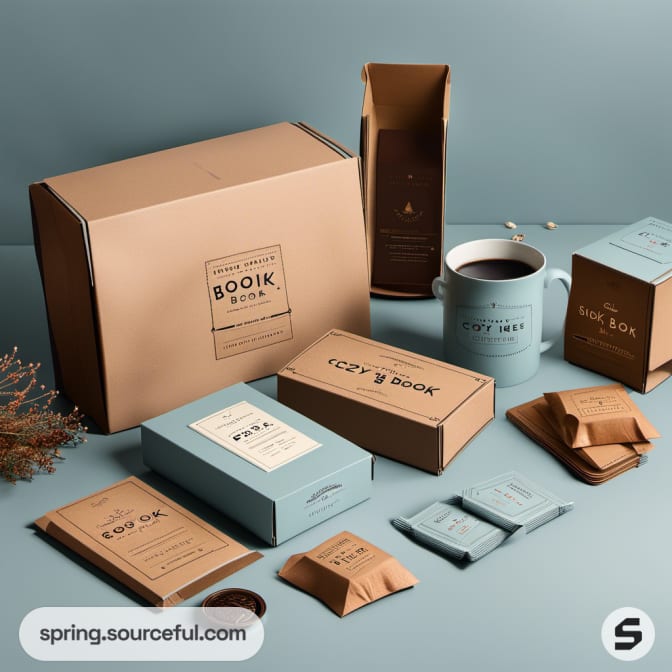 Coffee box set with chocolate bars, a mug, and packets, in brown and blue packaging.