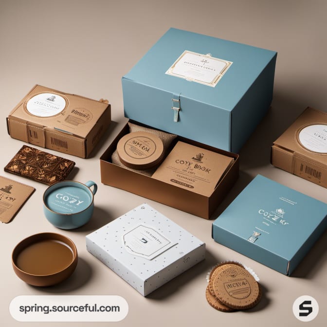 Luxurious coffee gift boxes and cookies in brown and blue packaging.
