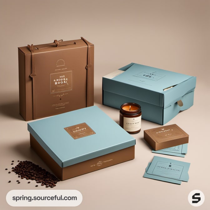 Gift set with a candle and coffee on a brown and blue background.