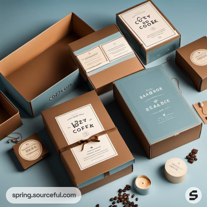 Assorted gift boxes with candles and coffee beans, in brown and blue packaging.