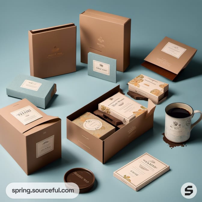Coffee-themed gift boxes with a mug and snacks on a blue background.