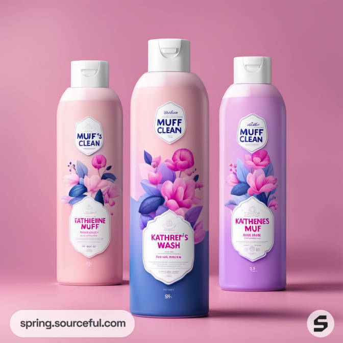 Three pastel bottles with floral designs on pink background.