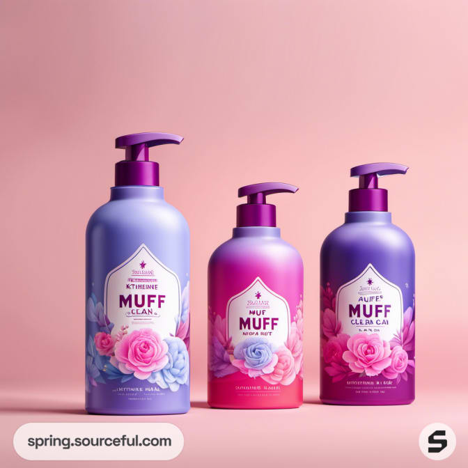 Three pump bottles with purple tops, floral designs, pink background.