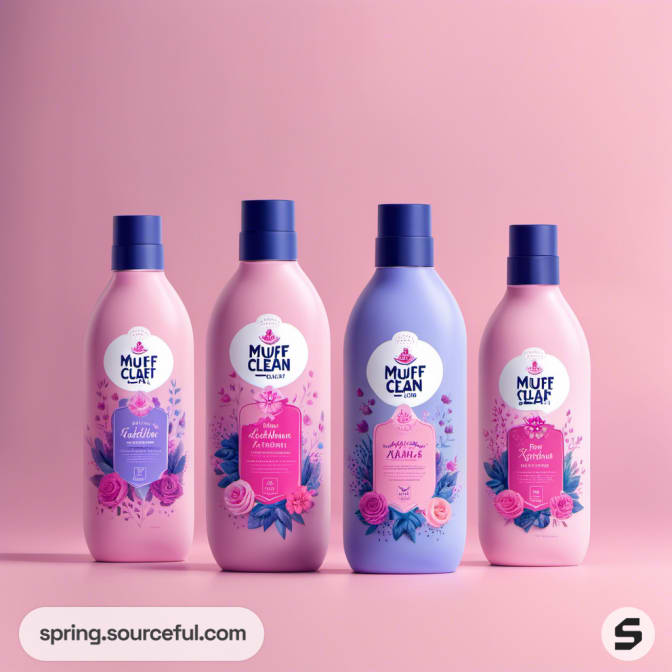 Four bottles in pastel colors with floral labels, pink background.