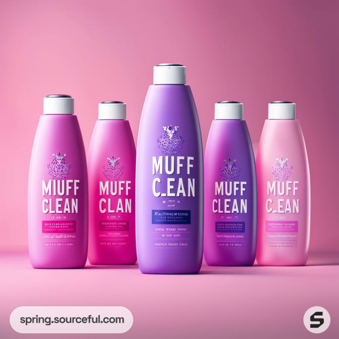 Five pastel and purple bottles with floral labels, pink background.