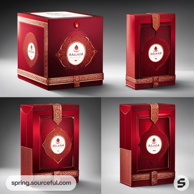 Elegant red and gold cube packaging box with decorative patterns.