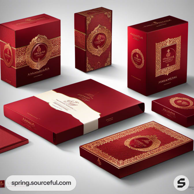 Variety of red packaging with gold designs, arranged stylishly.