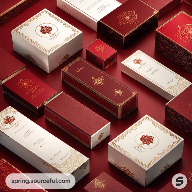 Assorted red and white rectangular boxes with intricate gold designs.