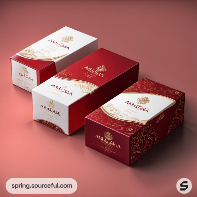 Three red and white packaging boxes with gold embossed details.