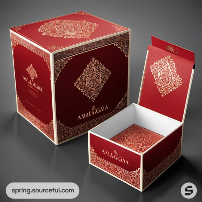 Open red and gold box showing intricate inner design.