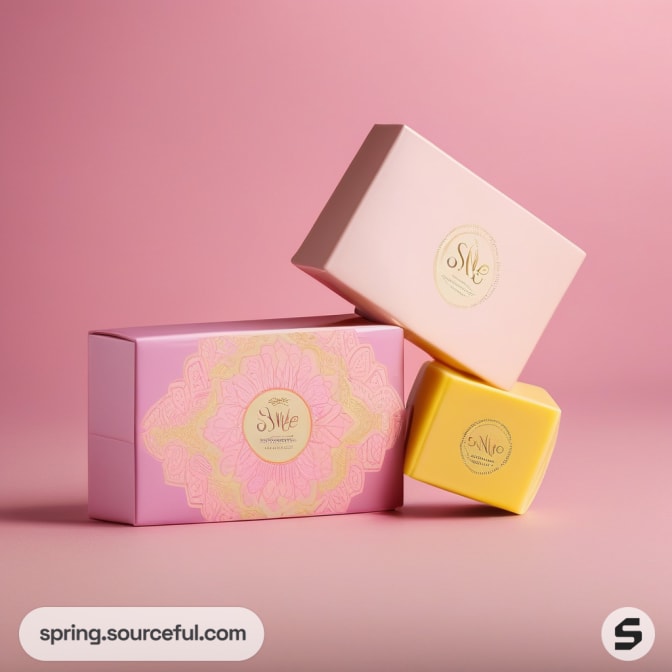 Pink and yellow gradient boxes with flower design on pink background.