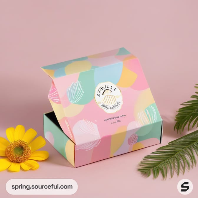 Colorful patterned box with leaf and flower near yellow daisy.