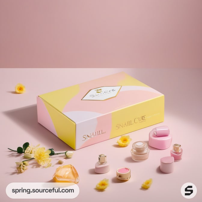 Yellow and pink gradient box with small skincare products surrounded by flowers.