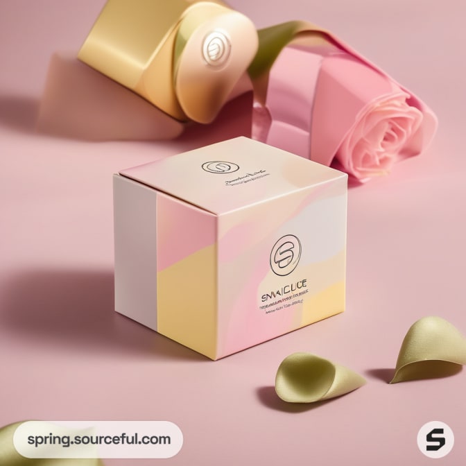 Cube box with pink and yellow pattern, next to a pink rose.