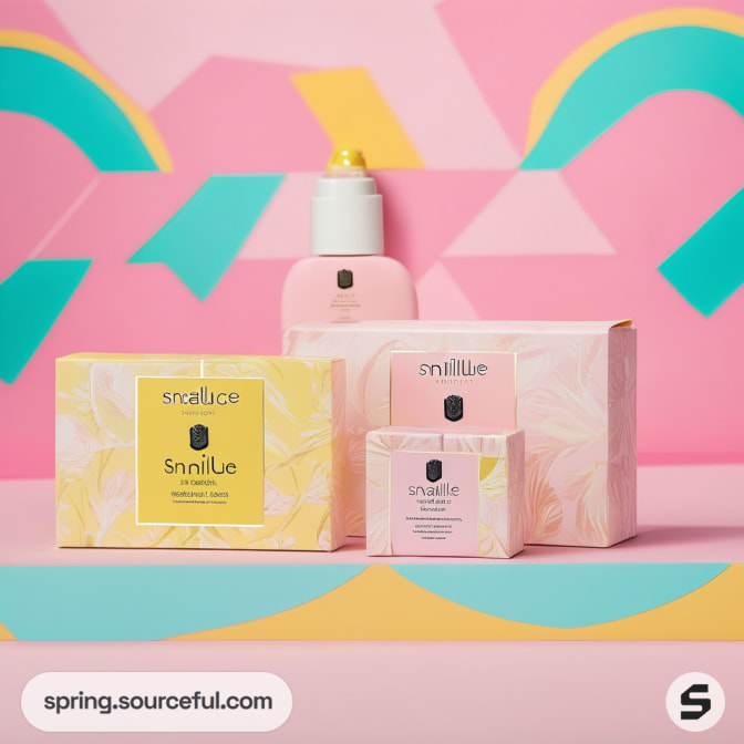 Assorted pink and yellow skincare boxes with abstract design on vibrant background.