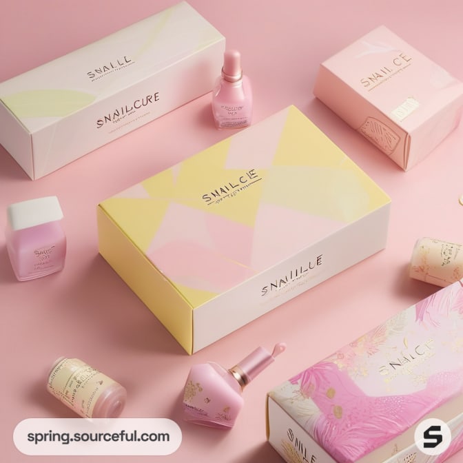 Assortment of pink-themed skincare boxes with nail polish bottles.