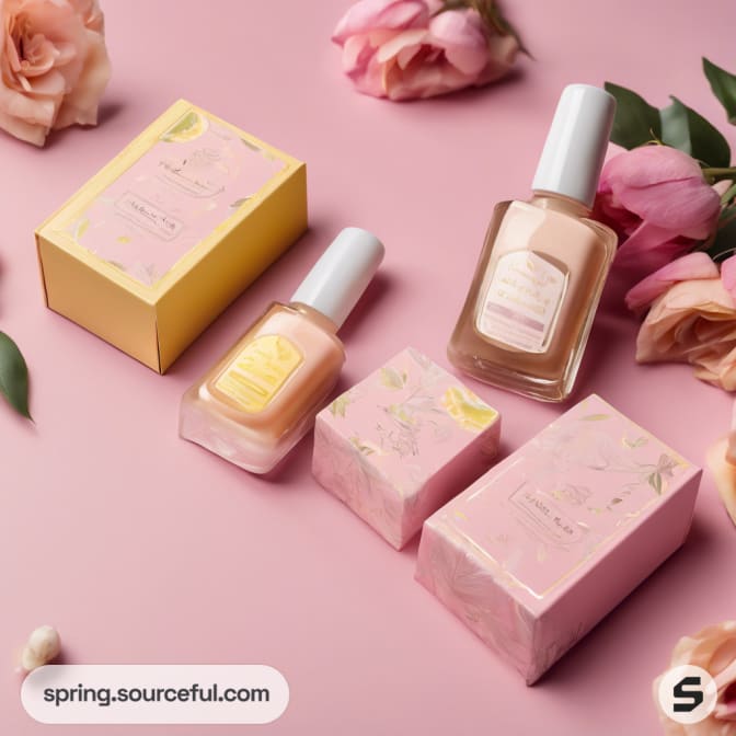 Skincare items and boxes in pastel pink and yellow with roses.