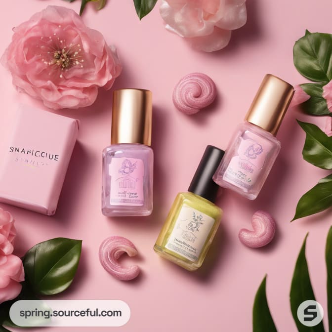 Nail polish bottles and skincare box on pink background with flowers.