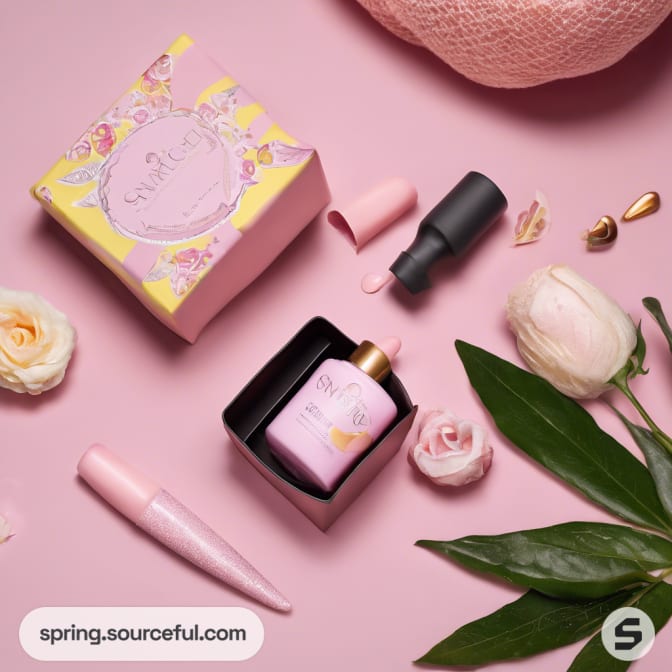 Skincare box with pink rose illustrations, open with bottle and flowers.