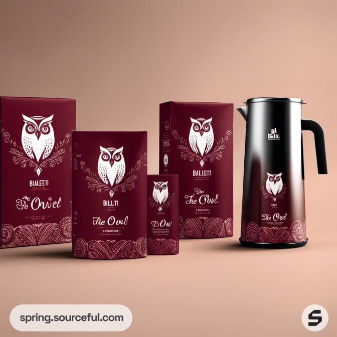 Burgundy coffee packaging with owl design, includes pouches and a metallic coffee pot.