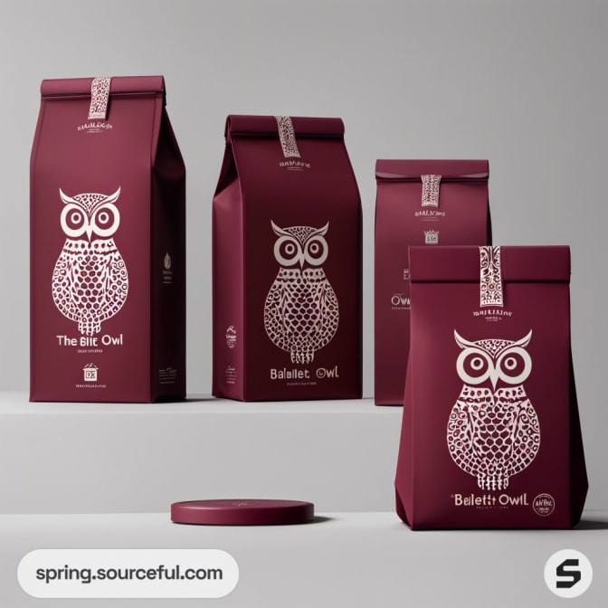 Burgundy coffee bags with owl illustration, featuring resealable closures.