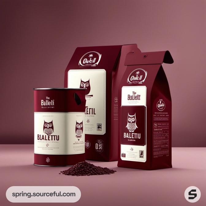 Assorted coffee packaging with owl designs, includes cylindrical and bag-style containers.