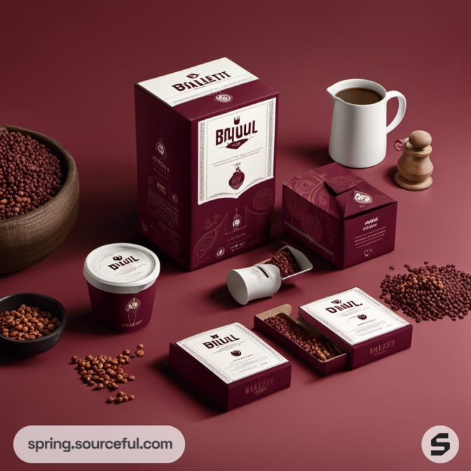 Burgundy coffee packaging with owl design, includes boxes, cups, and containers.