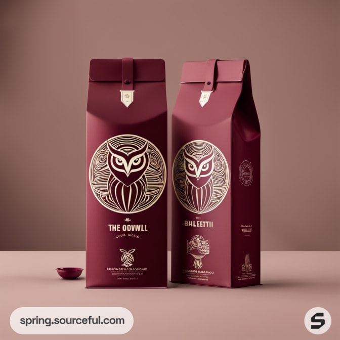 Two burgundy coffee bags with embossed owl designs and resealable tops.