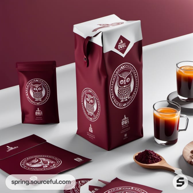 Coffee set with burgundy owl-themed bags, pouches, and glasses with brewed coffee.