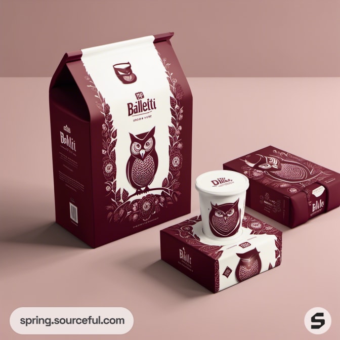 Burgundy and white coffee package with owl illustrations, featuring box and cup.