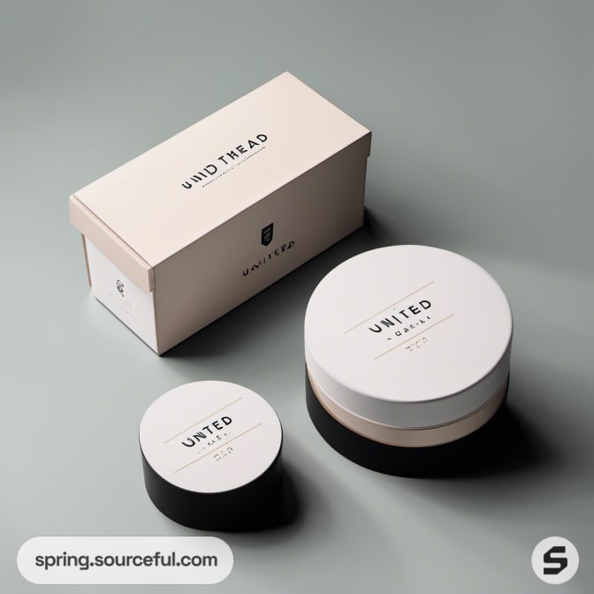 Beige and black cylindrical and rectangular packaging on a light surface.