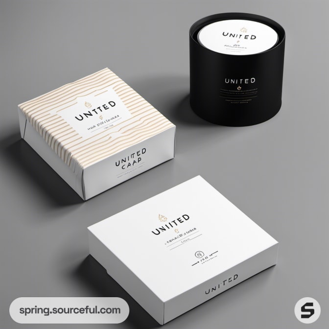 Black and white square and cylindrical packages on a grey background.