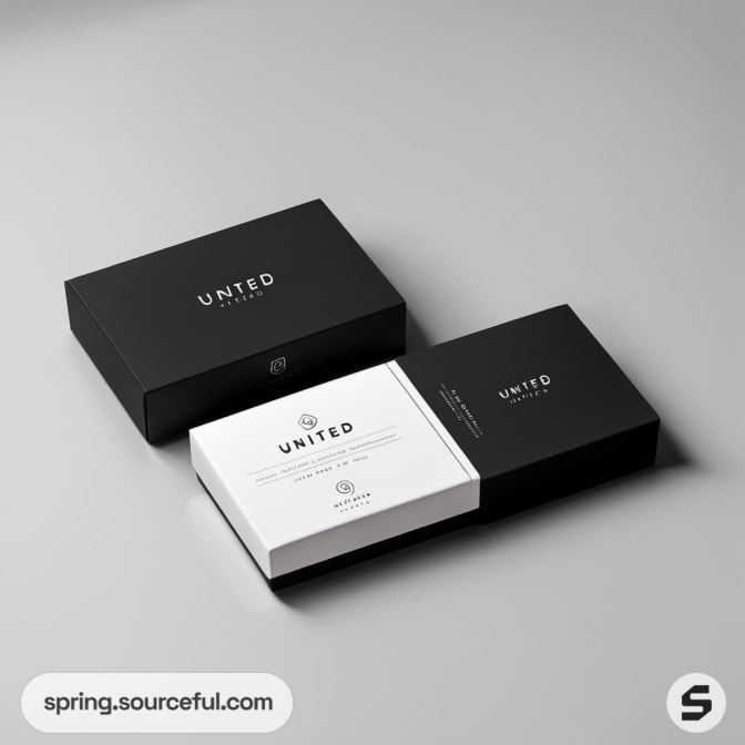 Black and white rectangular boxes with sleek design on a grey surface.