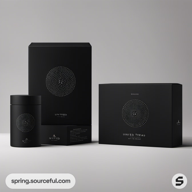 Tall black cylindrical and rectangular packaging with intricate pattern.